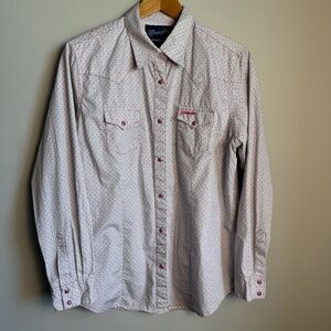 Wrangler Western Shirts Women's Pink Pearl Snap Shirt Allover Geometric‎ Size XL